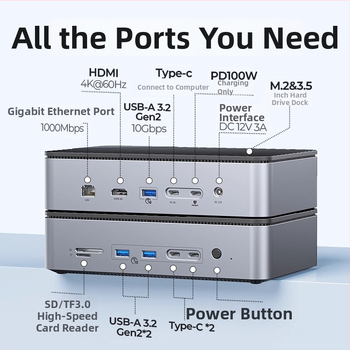 Orico USB 3.2 Gen2 Dock pre disky 3.5/2.5'' a M.2 NVMe/SATA, napájaný cez USB (bez externého napájania)