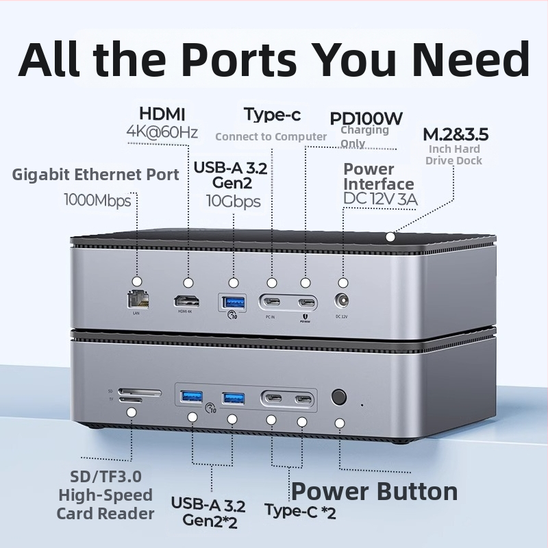 Orico USB 3.2 Gen2 Dock pre disky 3.5/2.5'' a M.2 NVMe/SATA, napájaný cez USB (bez externého napájania)