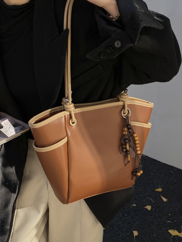 Geantă bucket pentru femei – Simplitate urbană, PU, Închidere cu fermoar, Capacitate mare, buzunar pentru telefon