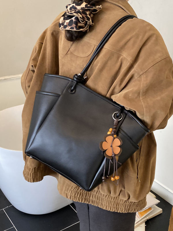 Geantă bucket pentru femei – Simplitate urbană, PU, Închidere cu fermoar, Capacitate mare, buzunar pentru telefon