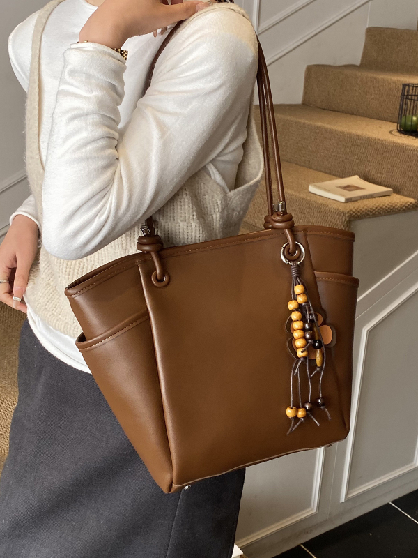 Geantă bucket pentru femei – Simplitate urbană, PU, Închidere cu fermoar, Capacitate mare, buzunar pentru telefon