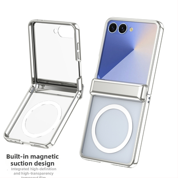 Viedtālruņa vāciņš Samsung Galaxy Z Flip7 ar magnētisko bezvadu uzlādi, caurspīdīgs dizains, ar centrālās ass pantu un elektroplatinga pārklājumu, pret kritieniem