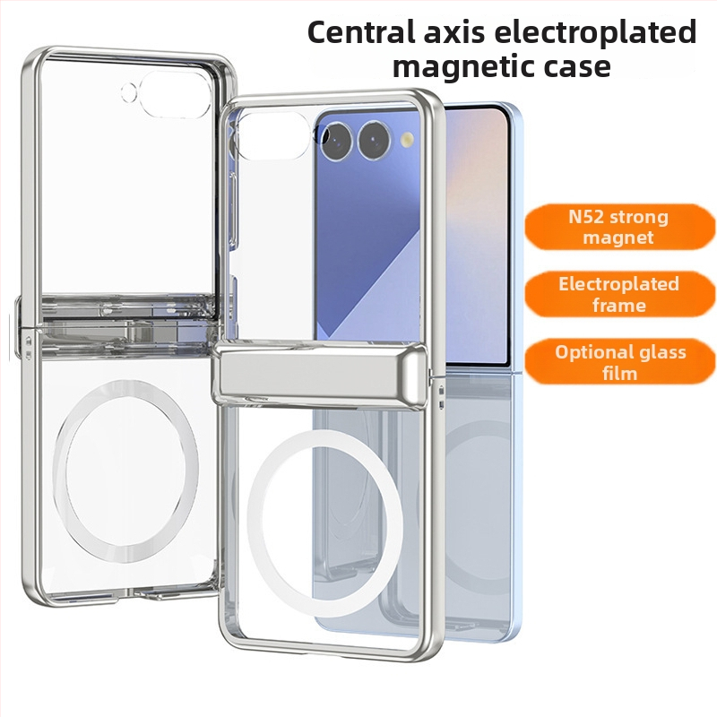 Viedtālruņa vāciņš Samsung Galaxy Z Flip7 ar magnētisko bezvadu uzlādi, caurspīdīgs dizains, ar centrālās ass pantu un elektroplatinga pārklājumu, pret kritieniem