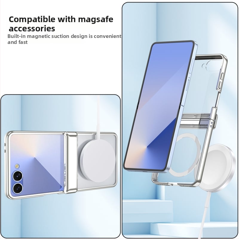Viedtālruņa vāciņš Samsung Galaxy Z Flip7 ar magnētisko bezvadu uzlādi, caurspīdīgs dizains, ar centrālās ass pantu un elektroplatinga pārklājumu, pret kritieniem