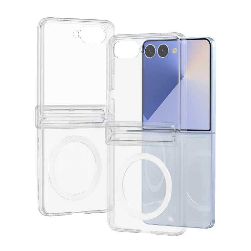 Husa Samsung Galaxy Z Flip7 cu încărcare wireless magnetică, transparentă, cu balama pe axa centrală și finisaj electroplatat, protecție anti-cadere