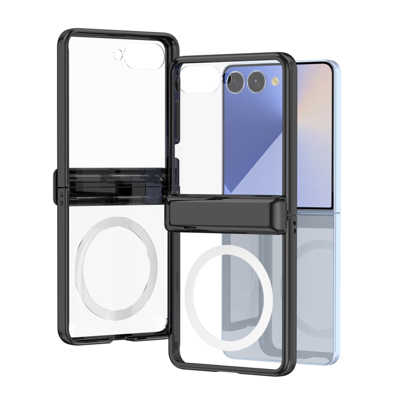 Husa Samsung Galaxy Z Flip7 cu încărcare wireless magnetică, transparentă, cu balama pe axa centrală și finisaj electroplatat, protecție anti-cadere