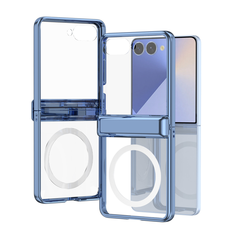 Husa Samsung Galaxy Z Flip7 cu încărcare wireless magnetică, transparentă, cu balama pe axa centrală și finisaj electroplatat, protecție anti-cadere