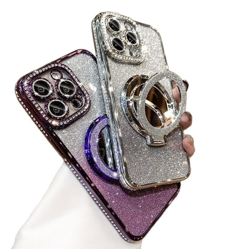 Ogledalo za šminku sa šljokicama i silikonskim okvirom, elektroplatinirani detalji, otporno na padove, kompatibilno s iPhone 11/12/12 Pro/12 Pro Max/13 Pro/14 Pro/14 Pro Max