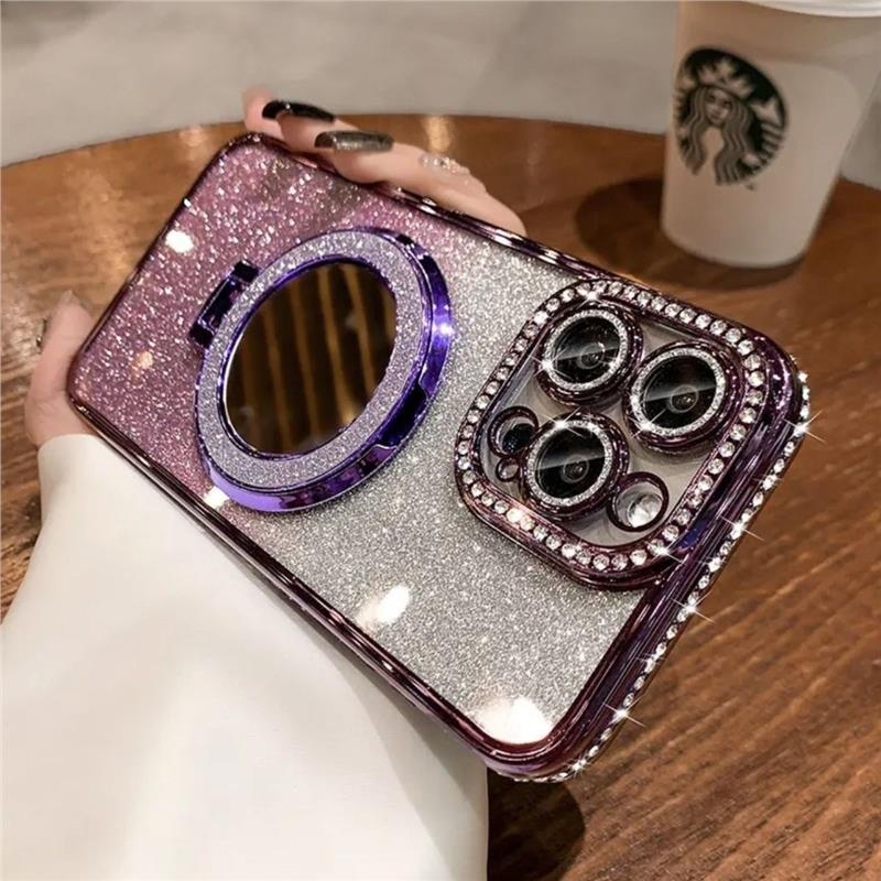 Ogledalo za šminku sa šljokicama i silikonskim okvirom, elektroplatinirani detalji, otporno na padove, kompatibilno s iPhone 11/12/12 Pro/12 Pro Max/13 Pro/14 Pro/14 Pro Max