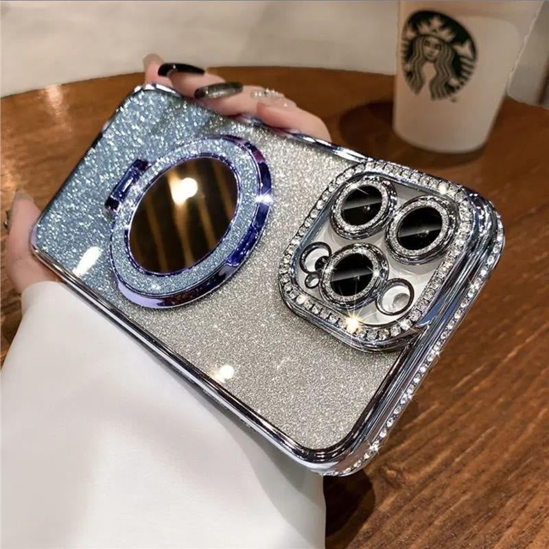 Ogledalo za šminku sa šljokicama i silikonskim okvirom, elektroplatinirani detalji, otporno na padove, kompatibilno s iPhone 11/12/12 Pro/12 Pro Max/13 Pro/14 Pro/14 Pro Max