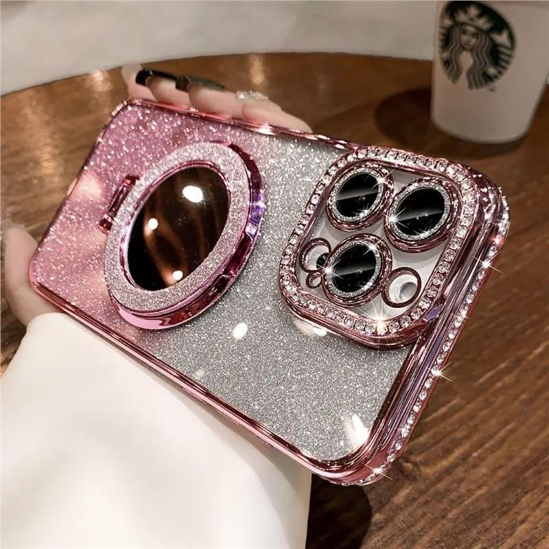 Ogledalo za šminku sa šljokicama i silikonskim okvirom, elektroplatinirani detalji, otporno na padove, kompatibilno s iPhone 11/12/12 Pro/12 Pro Max/13 Pro/14 Pro/14 Pro Max