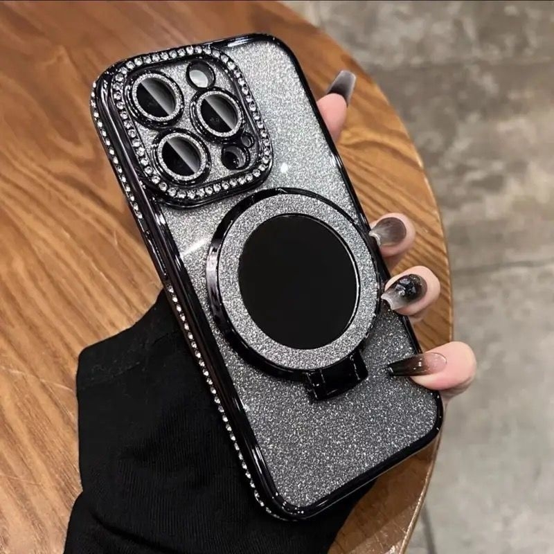 Ogledalo za šminku sa šljokicama i silikonskim okvirom, elektroplatinirani detalji, otporno na padove, kompatibilno s iPhone 11/12/12 Pro/12 Pro Max/13 Pro/14 Pro/14 Pro Max