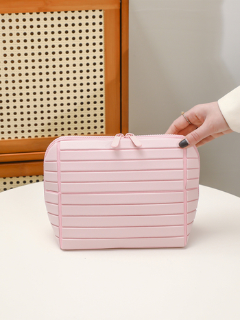 Τσαντάκι καλλυντικών με γεωμετρικό μοτίβο διαμανιού, ριγέ PVC, μεγάλη χωρητικότητα με διαχωριστικά, φερμουάρ, επένδυση πολυεστέρα, φορητό για γυναίκες