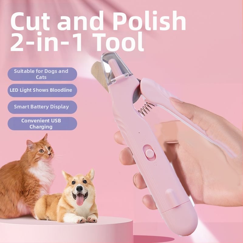 Tăietor pentru unghii de pisică, 2 în 1, cu fișier LED și polisare unghii
