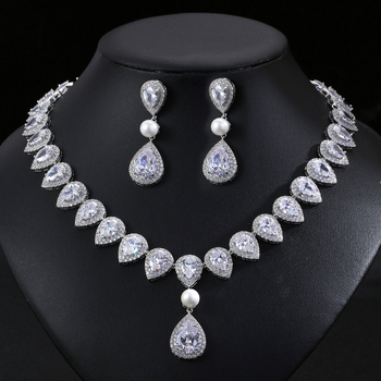 Zircon menyasszonyi fülbevaló és nyaklánc szett, vízcsepp alak, elegáns stílus, kevert kövek beépítéssel, BAOLILY/Polaroid