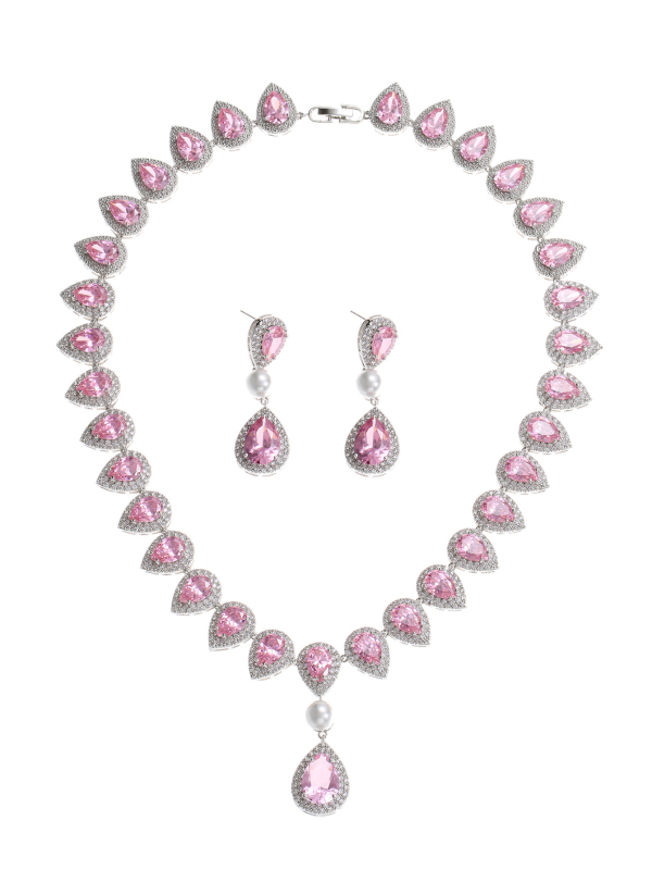 Zircon menyasszonyi fülbevaló és nyaklánc szett, vízcsepp alak, elegáns stílus, kevert kövek beépítéssel, BAOLILY/Polaroid