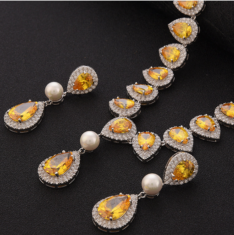 Zircon menyasszonyi fülbevaló és nyaklánc szett, vízcsepp alak, elegáns stílus, kevert kövek beépítéssel, BAOLILY/Polaroid