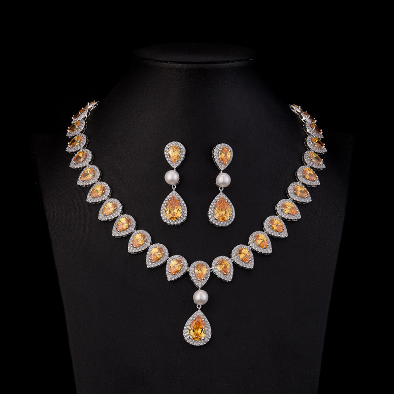 Zircon menyasszonyi fülbevaló és nyaklánc szett, vízcsepp alak, elegáns stílus, kevert kövek beépítéssel, BAOLILY/Polaroid