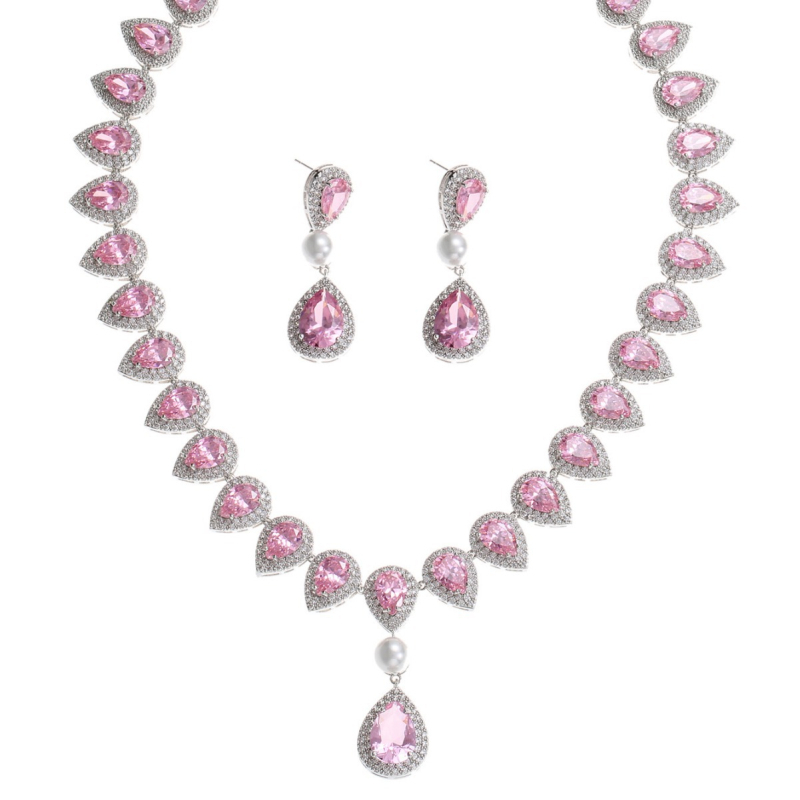Zircon menyasszonyi fülbevaló és nyaklánc szett, vízcsepp alak, elegáns stílus, kevert kövek beépítéssel, BAOLILY/Polaroid
