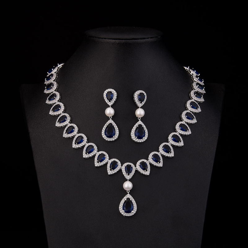 Zircon menyasszonyi fülbevaló és nyaklánc szett, vízcsepp alak, elegáns stílus, kevert kövek beépítéssel, BAOLILY/Polaroid