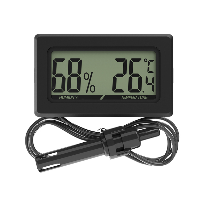 Elektronikus hőmérséklet- és páratartalom-mérő digitális kijelzővel és kapcsolóval, hőmérséklet-tartomány -50-70 °C, páratartalom 20-90% RH, hőmérséklet pontosság 0,1 °C, páratartalom pontosság 1%