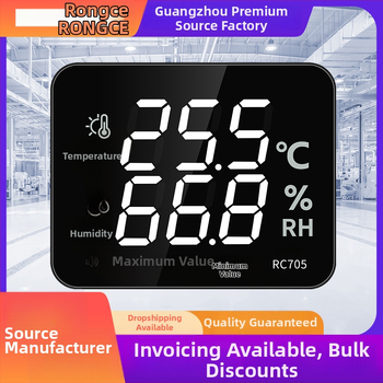 Индустриален стенен измервател на температура и влажност с аларма, висока прецизност, модел RC705, мрежово захранване.