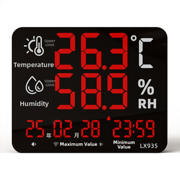 Индустриален стенен измервател на температура и влажност с аларма, висока прецизност, модел RC705, мрежово захранване.