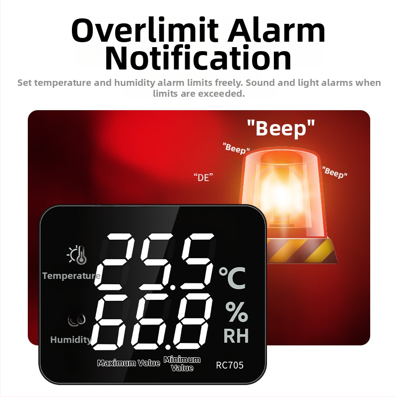 Индустриален стенен измервател на температура и влажност с аларма, висока прецизност, модел RC705, мрежово захранване.