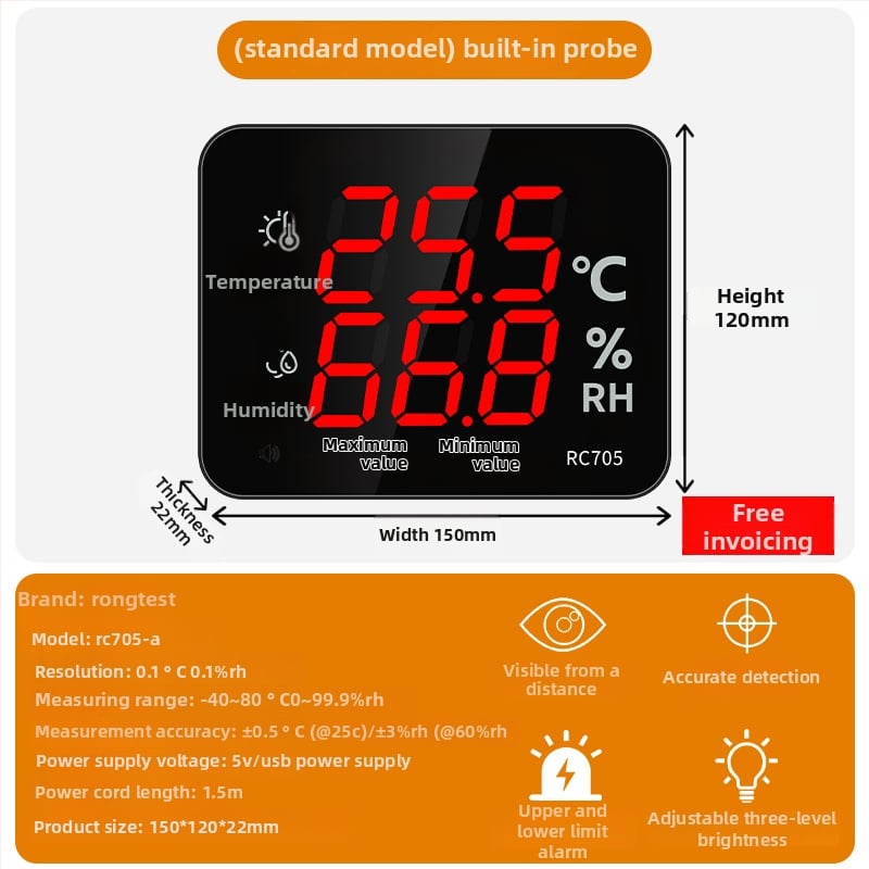 Индустриален стенен измервател на температура и влажност с аларма, висока прецизност, модел RC705, мрежово захранване.