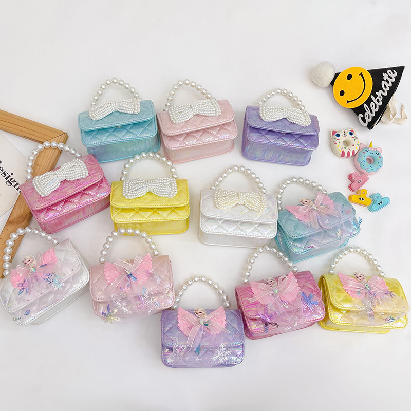 Geantă pentru copii cu perle - Stil prințesă coreeană, geantă crossbody pentru fete, model abstract (Piele PU; Capacitate sub 1 L; Rezistență la uzură; Captuseala din poliester)
