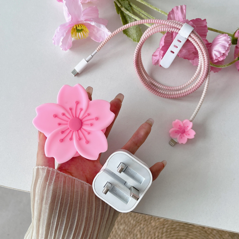 Védőtok Apple töltőhöz brit szabvány szerint — Begónia virág rajzfilm, KB-002, PVC, tekerő típus: kötél-tekerő eszköz, stílus: rajzfilm