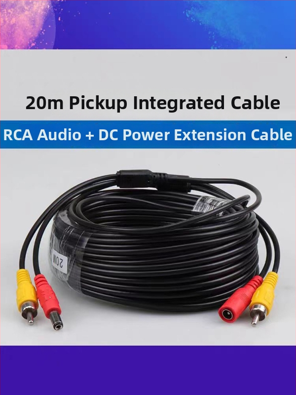 Novērošanas kamerai integrēts audio un barošanas kabelis ar RCA un DC savienotājiem, pagarināšanas kabelis, divi vienā