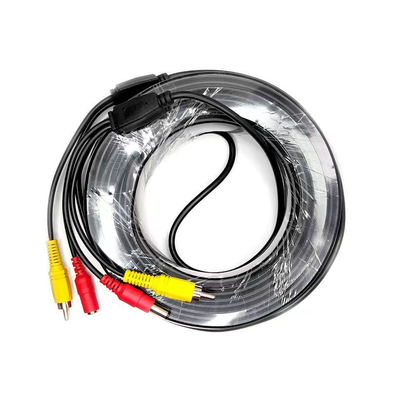 Novērošanas kamerai integrēts audio un barošanas kabelis ar RCA un DC savienotājiem, pagarināšanas kabelis, divi vienā