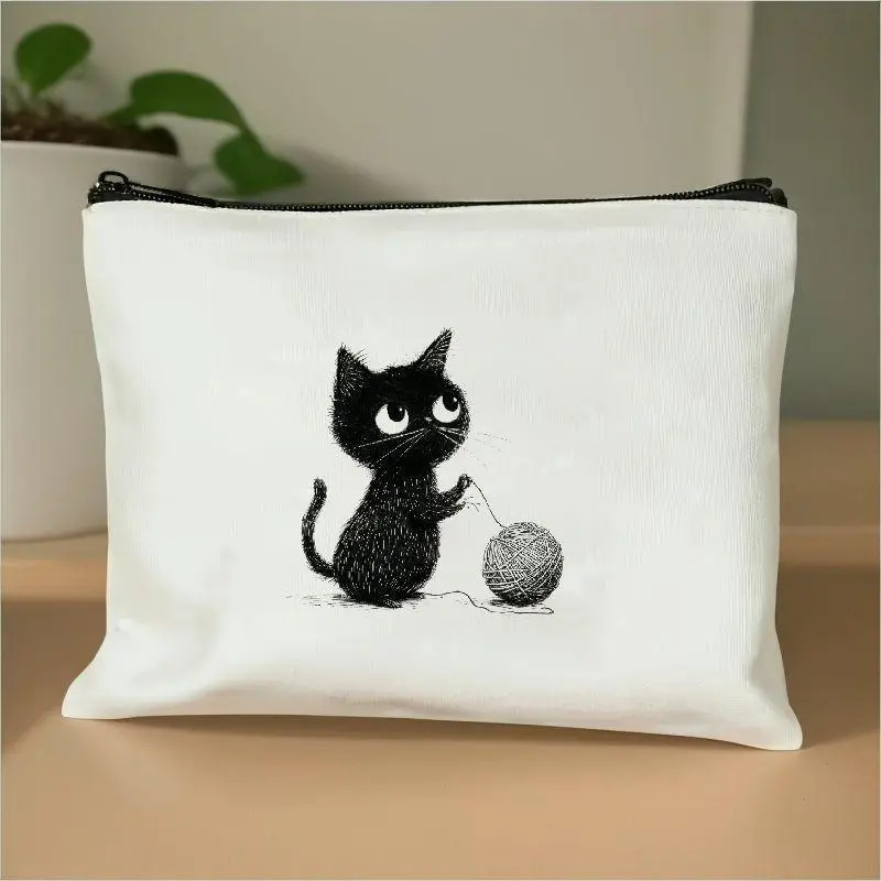 Kozmetická taška na zips, plátno, vzor s písmenami, podšívka z polyesteru, priedušná, unisex