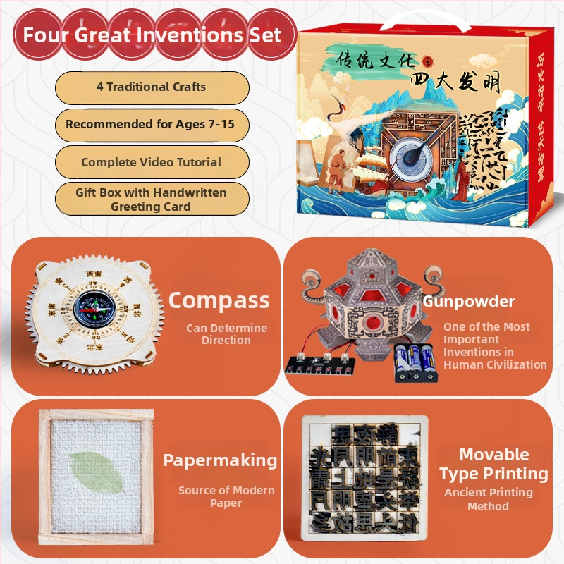 Teaduslik DIY-komplekt: Neli suurt leiutist — Puitmaterjalist hariv mäng 7–14-aastastele, komplekt, kood 666, OEM logo