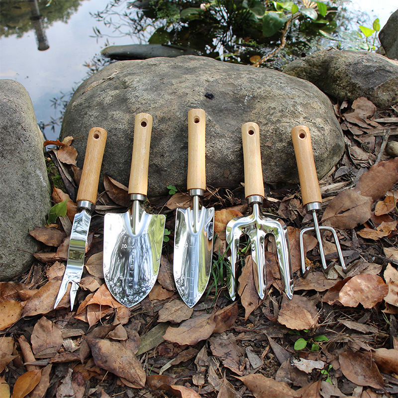 Hongcan σετ κήπου από ανοξείδωτο ατσάλι με ξύλινες λαβές, 6 τεμάχια, περιλαμβάνει φτυάρια και τριζόδοντο σκαλιστήρι για παρτέρια και χαλάρωση εδάφους