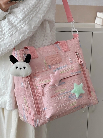 Najlonska tote torba s prugastim uzorkom, proširiva kapaciteta, podstava od poliestera, unisex, za školu