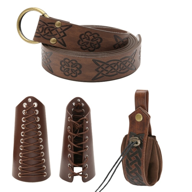 Centură viking medievală, genți pentru centură, protecții pentru brațe din piele artificială și brățări din piele, accesorii renascentiste pentru adulți (Primăvara 2024)
