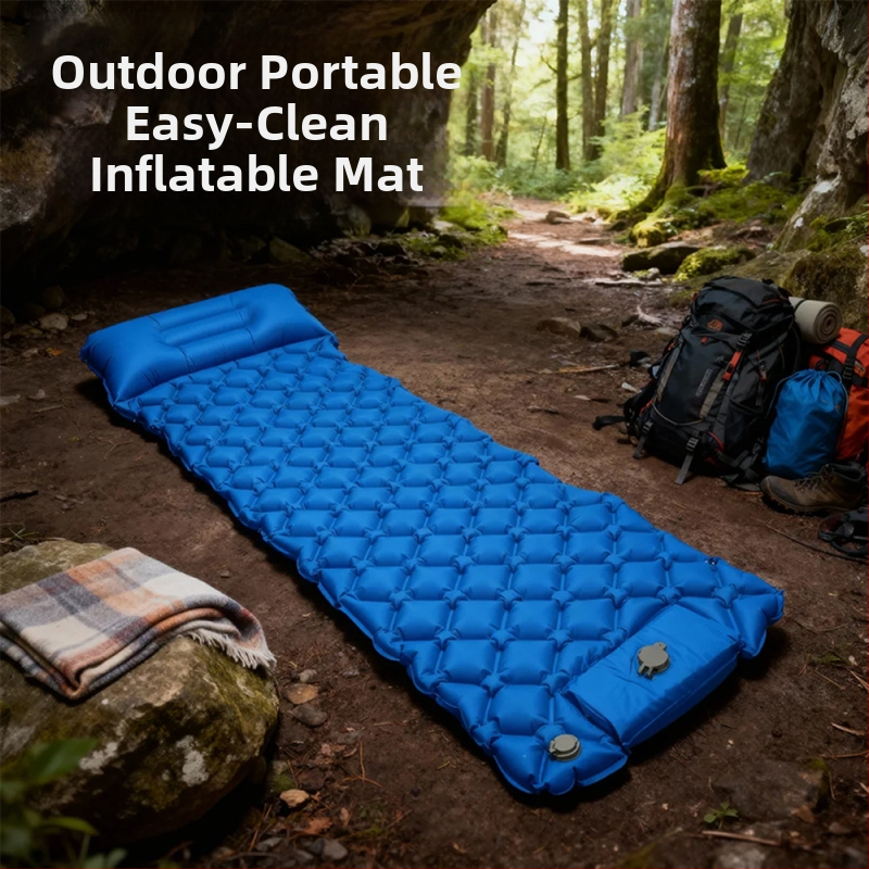 Saltea gonflabilă de camping portabilă cu pernă și pompă manuală, 40D nylon TPU; pentru 1–2 persoane; greutate 600 g