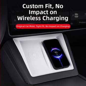 Silikona centra konsoles paliktnis Tesla Model 3 (2023) — pret-slīdēšana, zīmols Pure, drukāts logotips