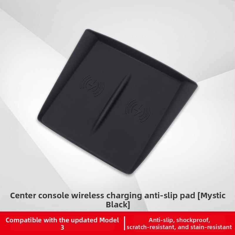 Silikona centra konsoles paliktnis Tesla Model 3 (2023) — pret-slīdēšana, zīmols Pure, drukāts logotips