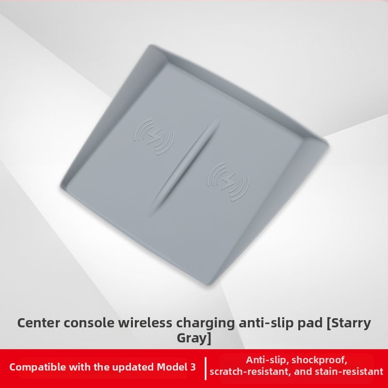 Silikona centra konsoles paliktnis Tesla Model 3 (2023) — pret-slīdēšana, zīmols Pure, drukāts logotips