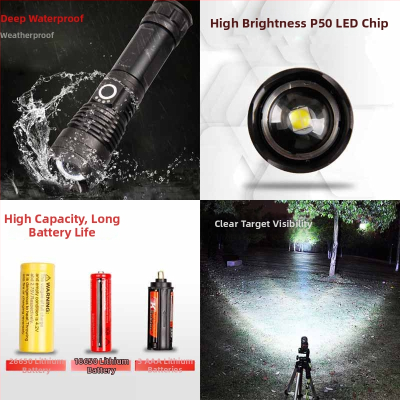 Telekopni LED svjetiljka XHP50, tijelo od aluminijske legure, USB punjenje, prikaz napajanja, 360° rotacija