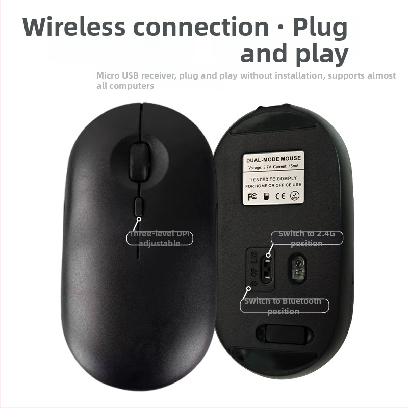 Bezdrôtová myš s 2.4G + Bluetooth pripojením, 1600dpi, 4 tlačidlá, nabíjateľná, ergonomická