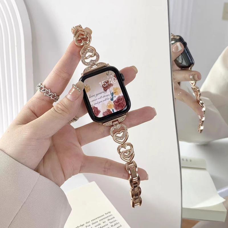 Metalni lančani remen za Apple Watch s dvostrukim srcima i dijamantima, duljina 18 cm, 12/20/22 mm