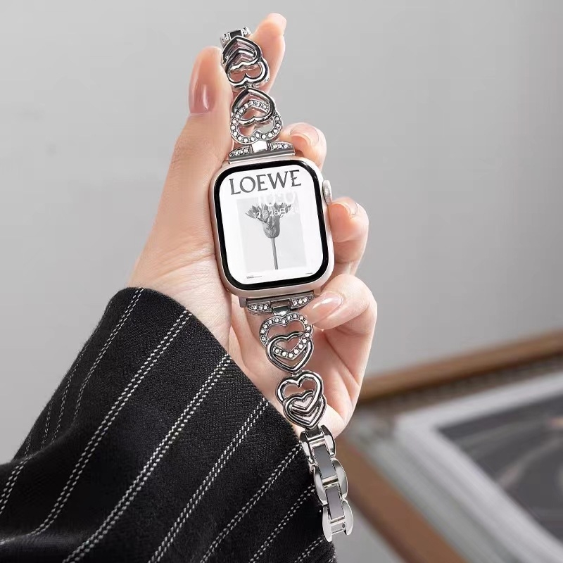 Metalni lančani remen za Apple Watch s dvostrukim srcima i dijamantima, duljina 18 cm, 12/20/22 mm