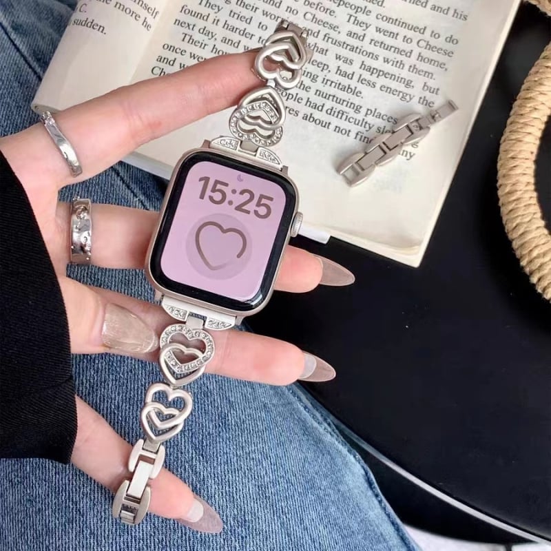 Metalni lančani remen za Apple Watch s dvostrukim srcima i dijamantima, duljina 18 cm, 12/20/22 mm