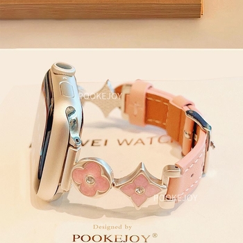 Remienok na Apple Watch – kovový pás s koženým prvkom a motívom štyroch listov; kompatibilný s Apple Watch; rozhranie veľkosti na mieru; zapínanie podľa detailov; podnikateľský štýl