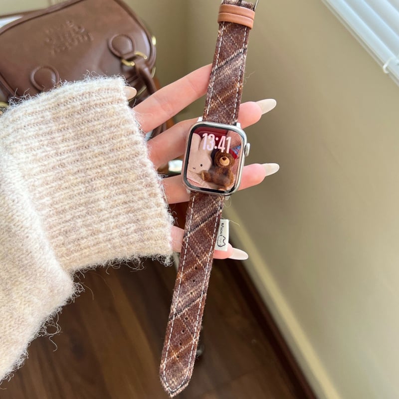 Mačji karirani vuneni kaiš za sat, kompatibilan s Apple Watch i Xiaomi 9 Pro