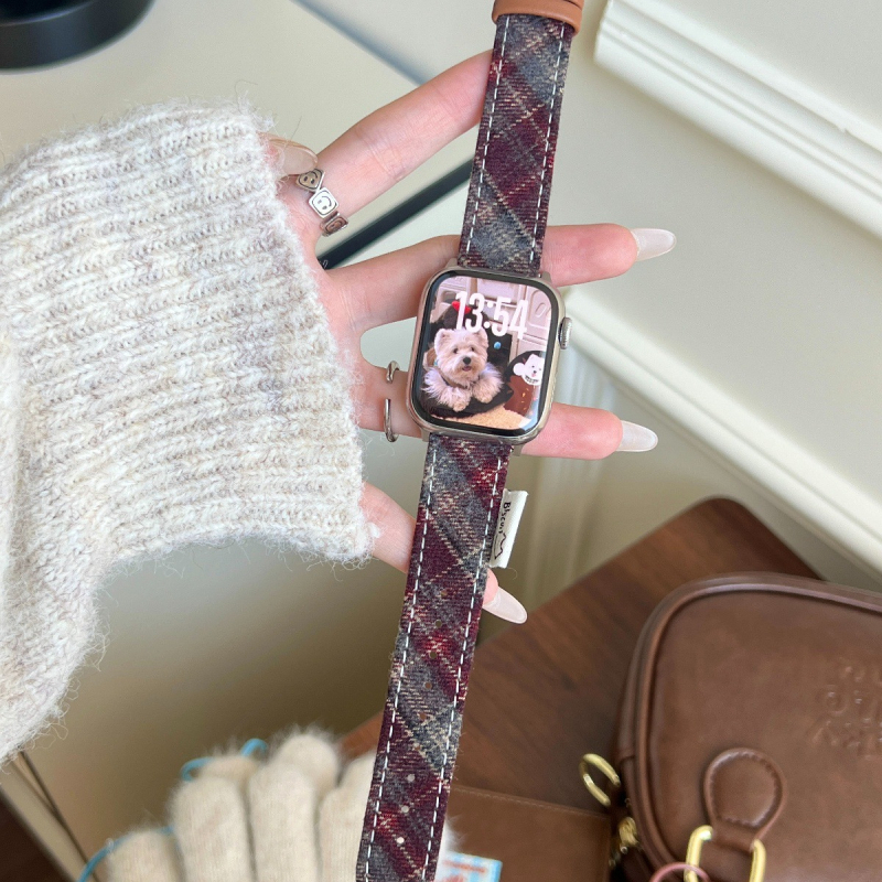 Mačji karirani vuneni kaiš za sat, kompatibilan s Apple Watch i Xiaomi 9 Pro
